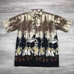 Gotcha Camp Shirt Mens Large All Over Print Flames Woods Outdoor Y2K Vintage